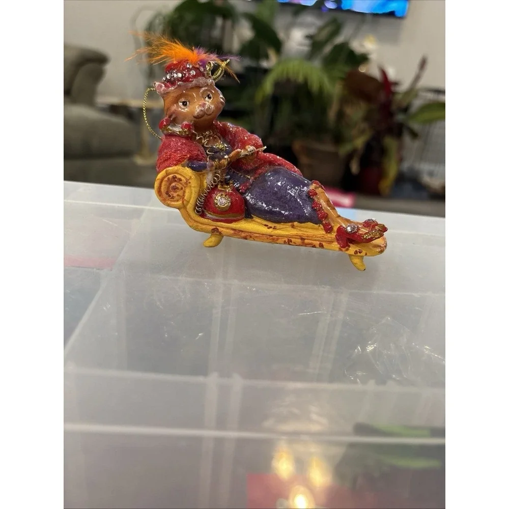 Trinket Orange Lounging Cat on Sofa talking on Telephone Christmas Ornament